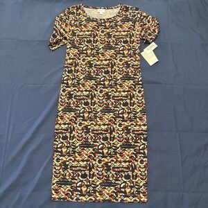 NWT Women Size S Geometric Fall Midi Dress Short Sleeve‎ Round Neck Knee Length